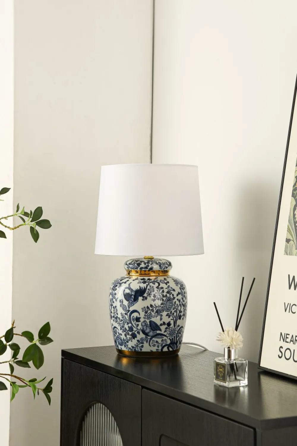 Lampan Blomstermåla 43cm bordslampa Blå